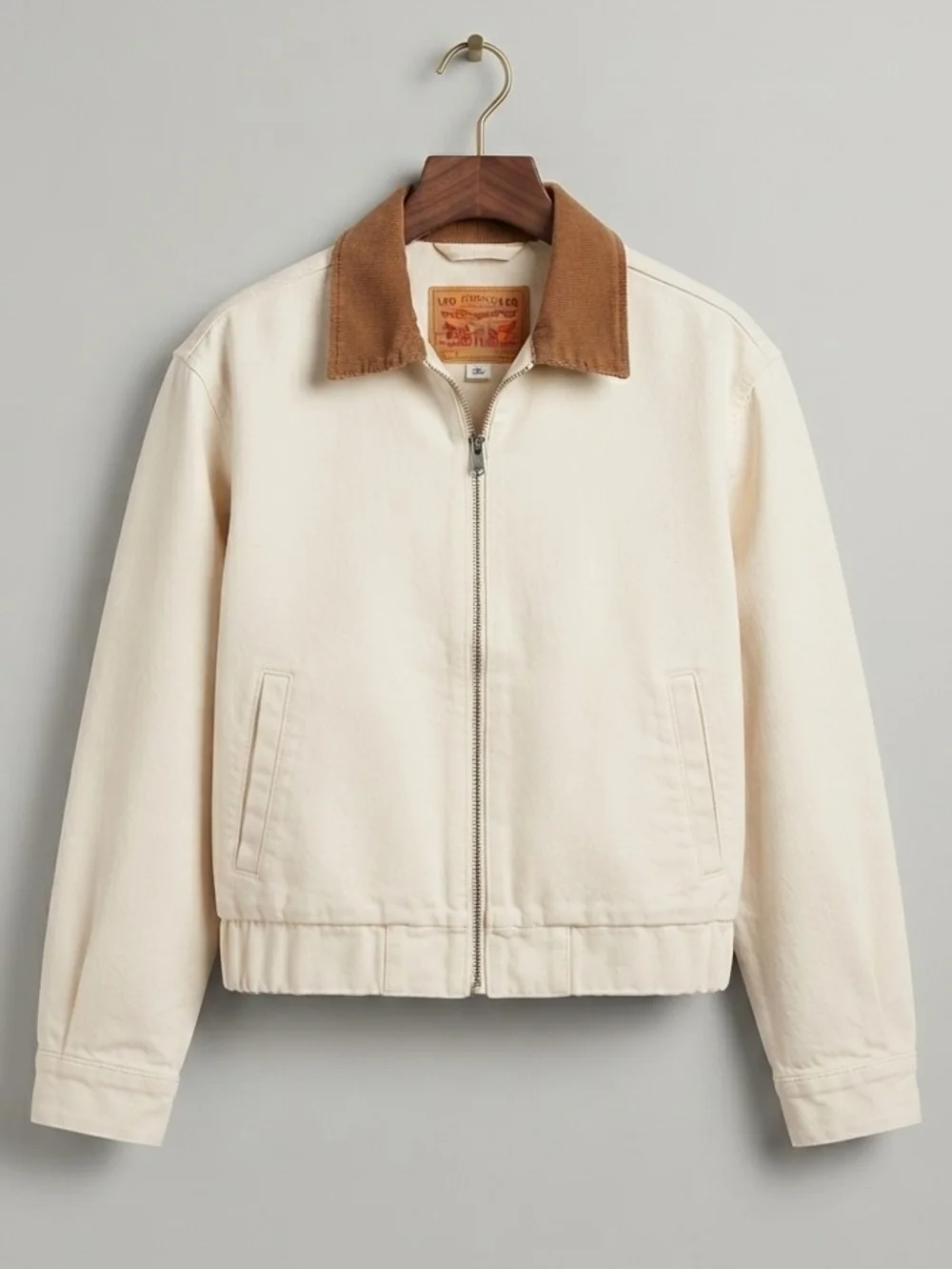 Levi's Cream Zip-Front Jacket with Brown Corduroy Collar - Picture 1 of 4